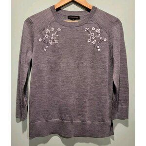 Banana Republic Gray Floral Embroidered Merino Wool Lightweight Sweater Sz M